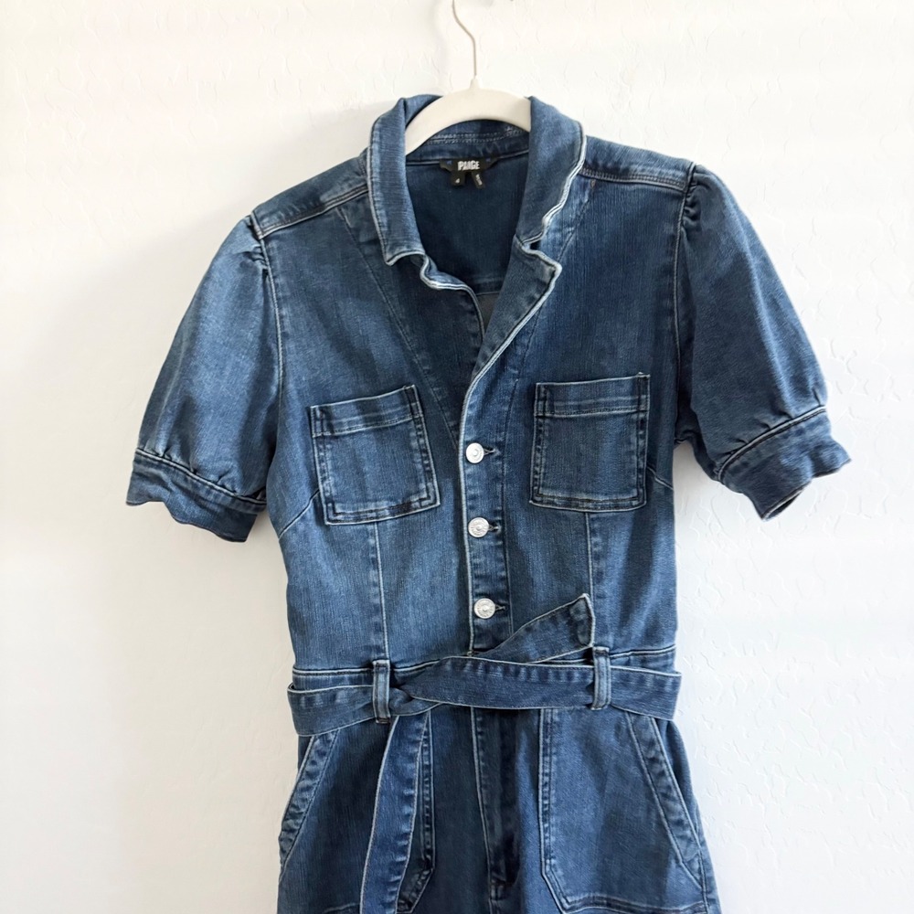 PAIGE Mayslie Straight Ankle Denim Jumpsuit Janelle Blue Puff Sleeve Size 4 - Picture 4 of 9